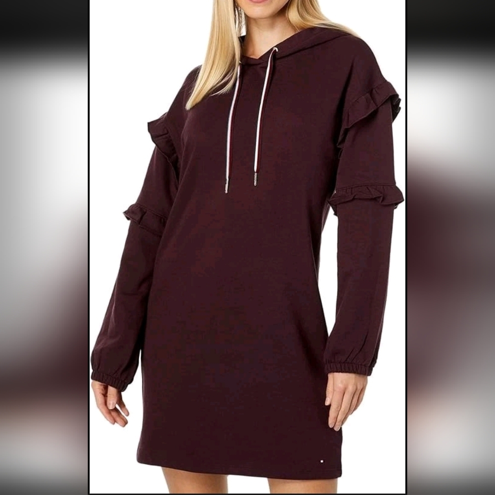 Tommy Hilfinger Burgundy Purple Hoodie Sweater Dress Ruffle Sleeves